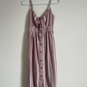 Mauve and white striped mid length dress